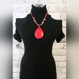 Dyed Red Capiz Shell Teardrop Pendant Necklace w/ Glass Seed Beads